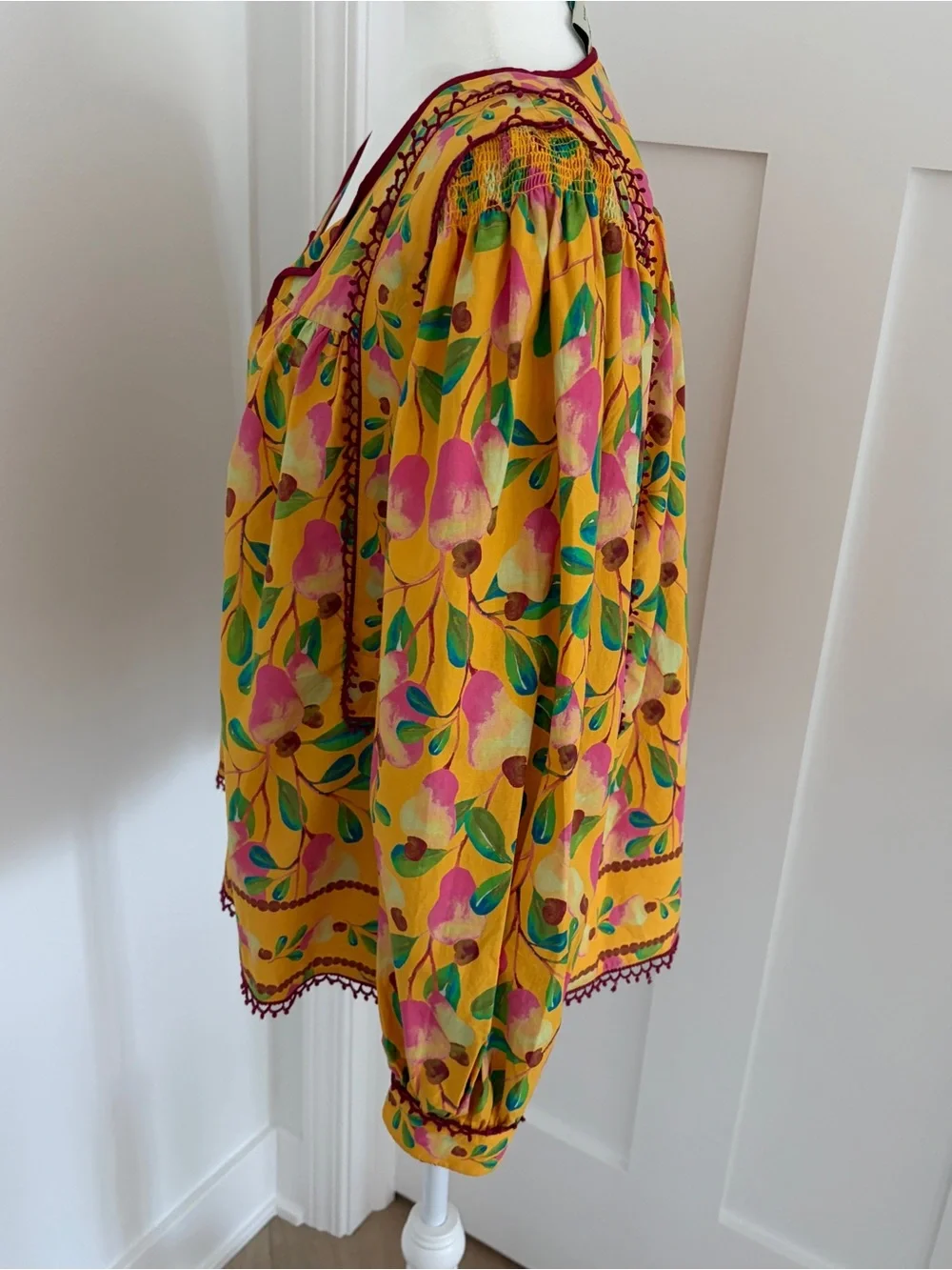 Farm Rio Yellow Pear Print Blouse Top Size S Long Sleeve Boho Smocked Cotton*#19